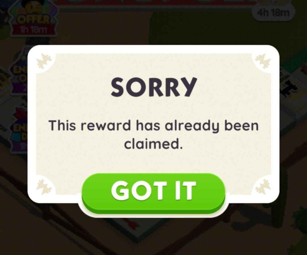 Monopoly Go dice link reward already claimed message