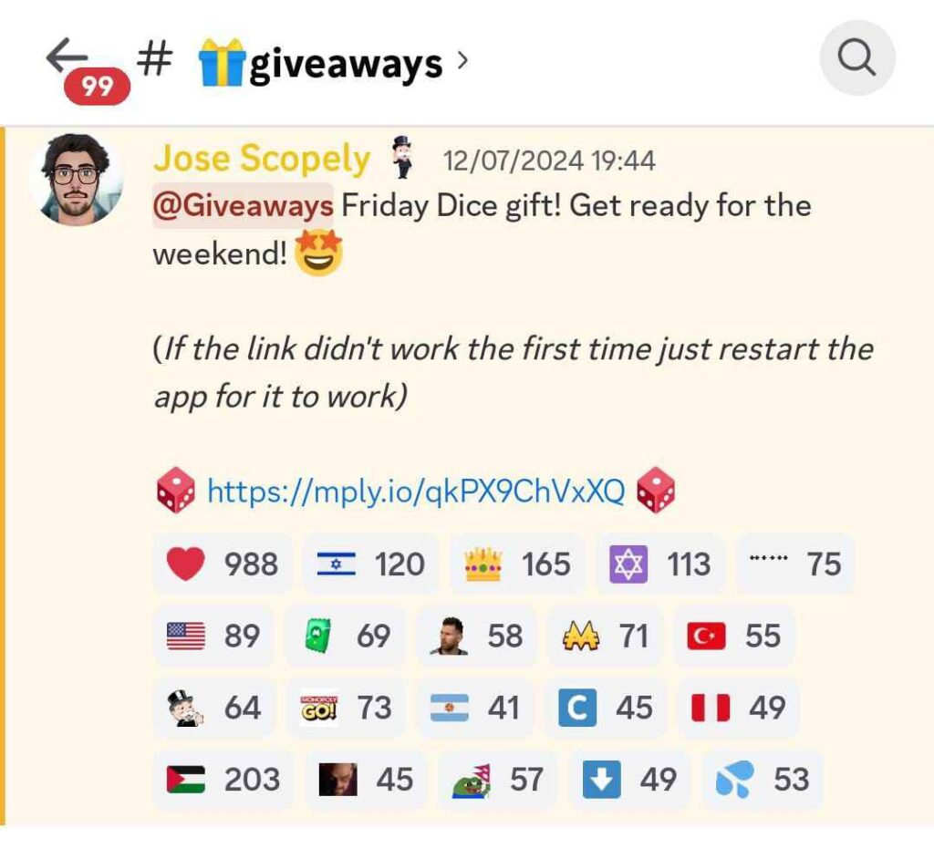 Monopoly Go dice links share message on Discord channel