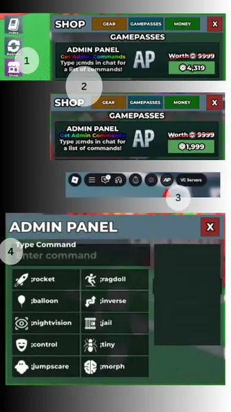 Steal a Brainrot SHOP button Gamepass tab Buy Admin Panel Type Command Steps