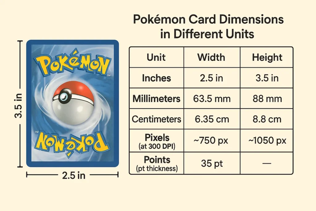 Pokemon card dimensions size in inches cm mm pixels and points